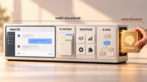 Arayüz, iş hafızası, eklentiler ve iş akışı sabit kalırken yapay zekâ modelinin değiştirilebilir bir modül olarak gösterildiği kavramsal görsel