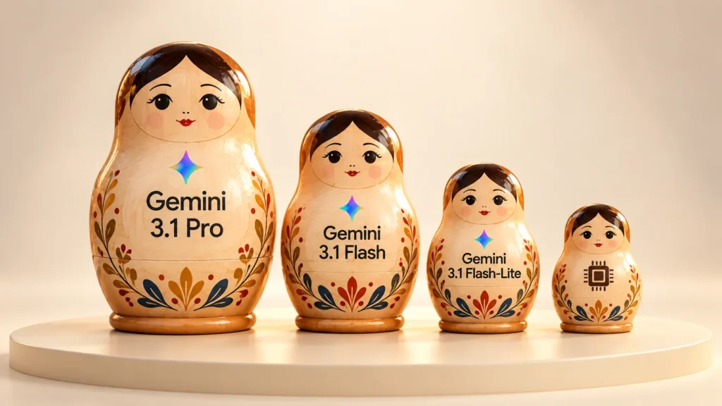 Gemini 3.1 Pro, Gemini 3.1 Flash ve Gemini 3.1 Flash-Lite modellerini büyükten küçüğe gösteren üç matruşka ve en küçük belirsiz modeli simgeleyen çip desenli dördüncü matruşka